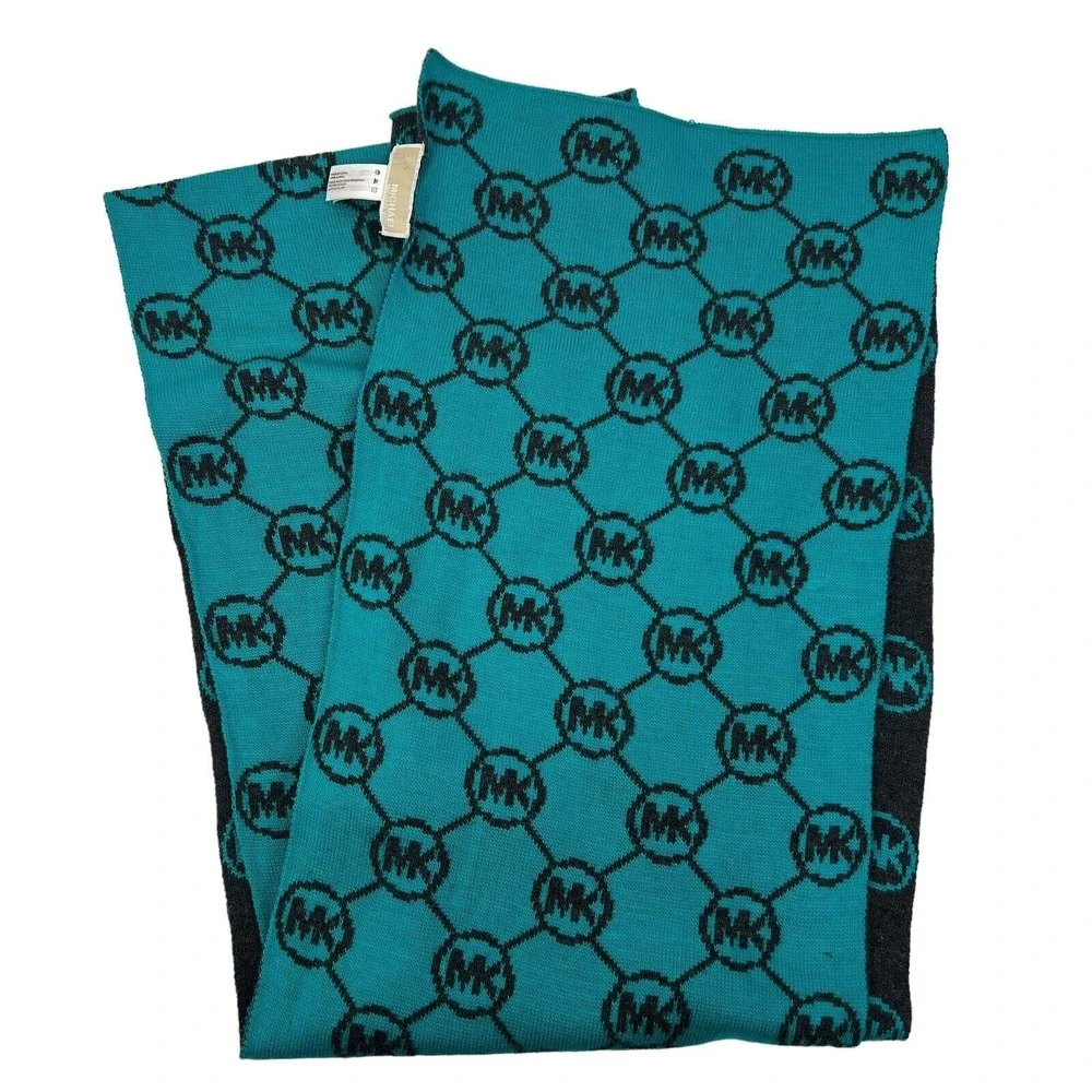 Michael Kors Scarf Reversible MK Logo Monogram Knit Teal Charcoal Grey Accessory